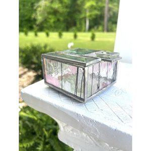 1980s STAINED GLASS MIRROR JEWELRY TRINKET Beveled CUBIST ABSTRACT HINGED BOX